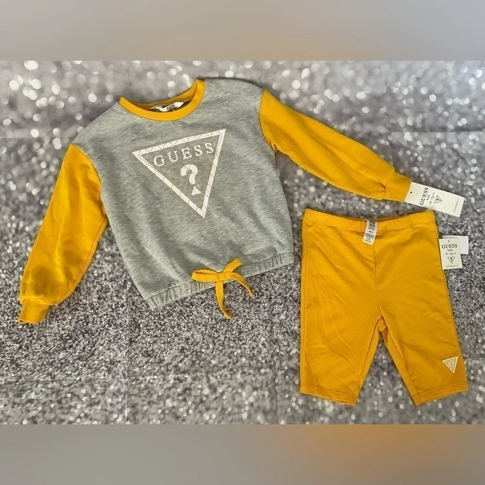 Guess Toddler Girl 2-Piece Grey &Yellow Drawstring Sweatshirt & Bike Shorts Set